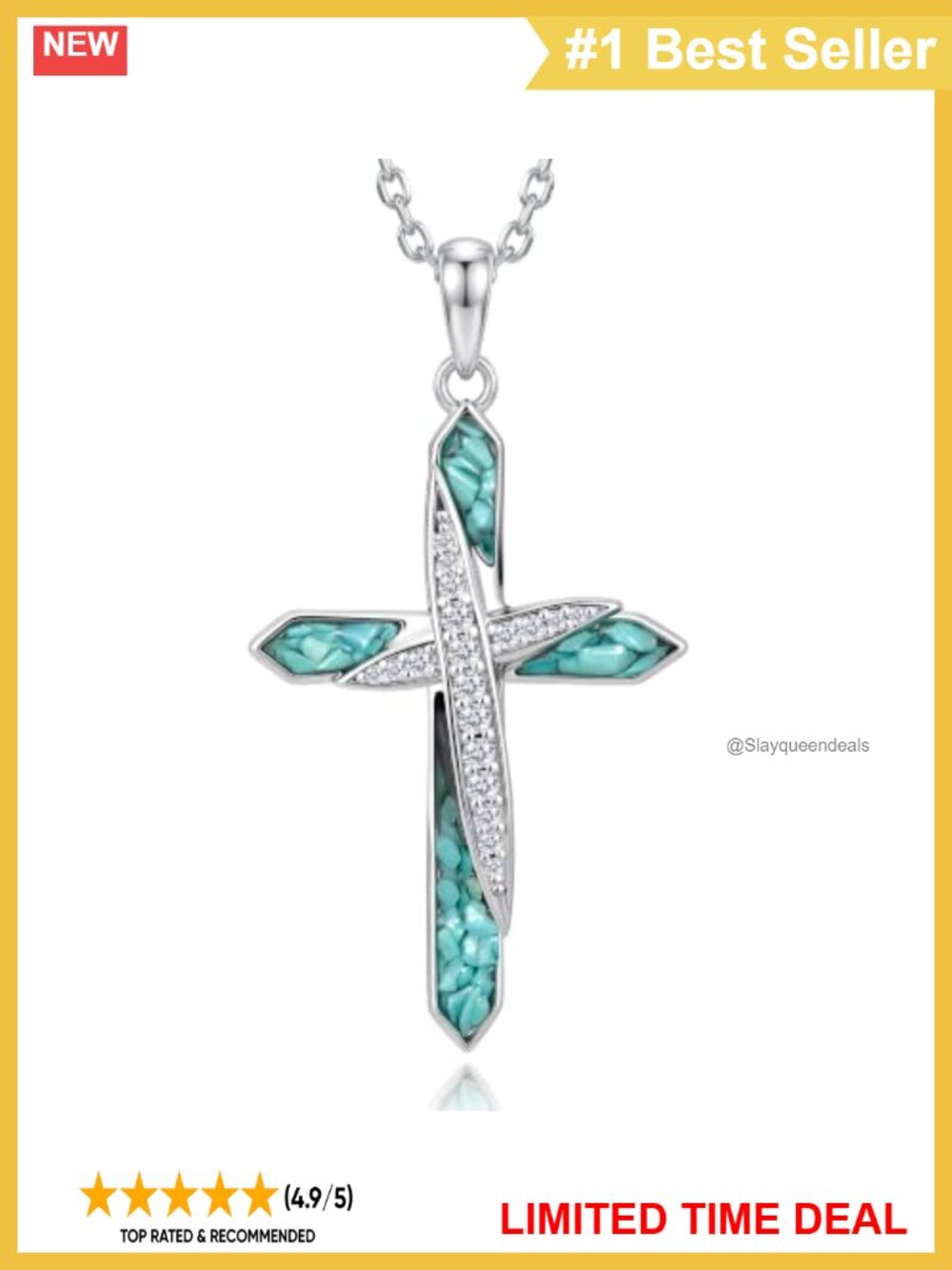 S925 Sterling Silver Cross Turquoise Pendant Necklace 18 Inch